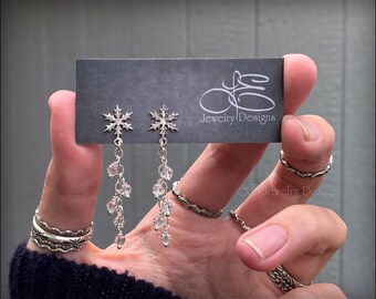 Sterling Silver Snowflake Crystal Dangle Earrings – Winter Holiday Jewelry