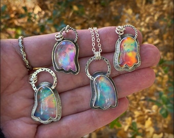 Aurora Opal Ghost Necklace - Sterling Silver Halloween Jewelry, Spooky Jewelry, Unique Artisan Jewelry, Cute Ghost Pendant, Colorful Opal