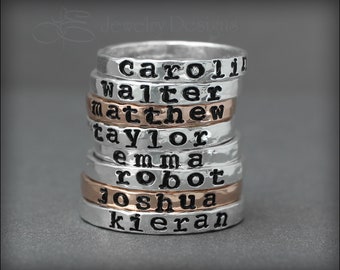 Hand Stamped Name Ring – Personalized Stacking Ring, Fine Silver, 14k Gold-Filled