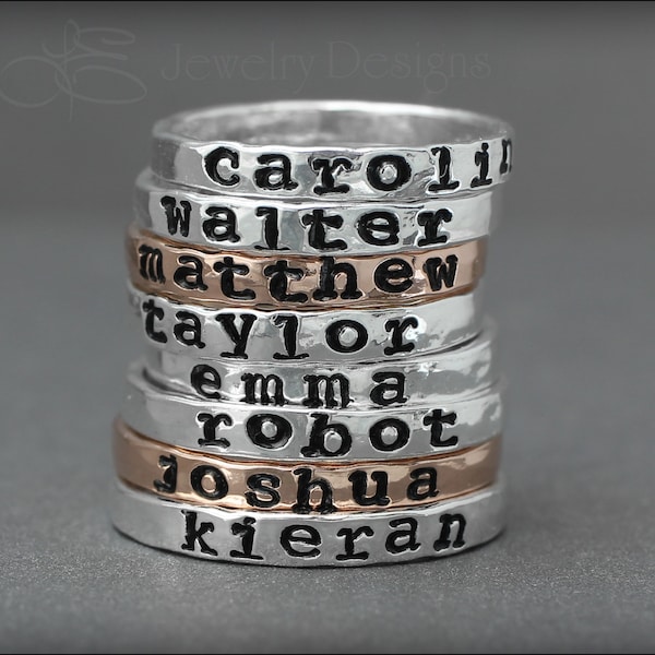 Hand Stamped Name Ring – Personalized Stacking Ring, Fine Silver, 14k Gold-Filled
