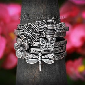 Sterling Spring Themed Ring - Silver Springtime Jewelry, Dragonfly, Butterfly, Daisy, Cherry Blossom, Bee Ring, Unique Handcrafted Artisan