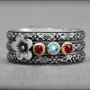 Set med flera födelsestenar - Ring med blommande födelsesten, flerstenar, unik ring för mor, ringar med flera opaler, presenter till mamma, blommig sterling silverring bild 7