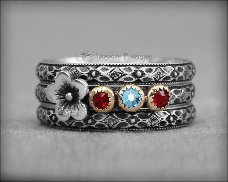 Set med flera födelsestenar - Ring med blommande födelsesten, flerstenar, unik ring för mor, ringar med flera opaler, presenter till mamma, blommig sterling silverring bild 7