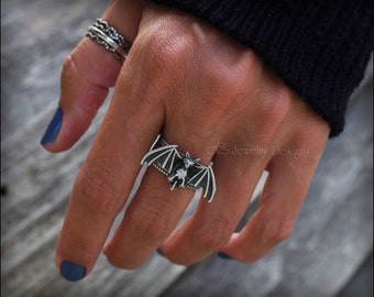 Sterling Bat Ring - Large Silver Bat, Wide Band, Halloween, Spooky, Gothic, Unique Artisan Jewelry, Handcrafted, Open Winged Bat, Witchy