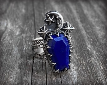 Gothic Sterling Coffin Ring - Size 7 & Size 9.5, Lapis Lazuli Coffin, Celestial, Moon Stars, Halloween Spooky Jewelry, RTS, Ready To Ship