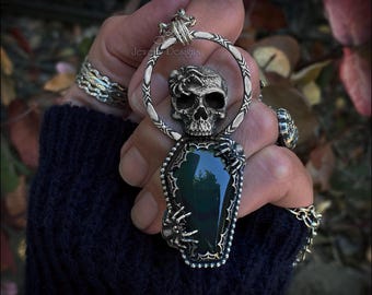 Sterling Skull & Spiders Obsidian Coffin Pendant - Spooky Dark Jewelry, Halloween, Eerie, Large Statement Necklace, Gothic Artisan