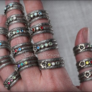 Set med flera födelsestenar - Ring med blommande födelsesten, flerstenar, unik ring för mor, ringar med flera opaler, presenter till mamma, blommig sterling silverring bild 8