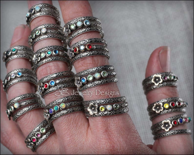 Set med flera födelsestenar - Ring med blommande födelsesten, flerstenar, unik ring för mor, ringar med flera opaler, presenter till mamma, blommig sterling silverring bild 8