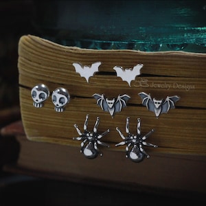 Sterling Halloween Stud Earrings - Tiny Bats, Spiders, Skulls, Spooky Jewelry, Small Sterling Silver Studs, Halloween Jewelry, Post Studs