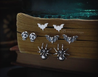 Sterling Silver Halloween Stud Earrings - Bats, Skulls, Spiders