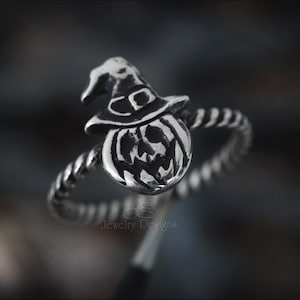 Sterling Pumpkin Witch Ring - Unique Halloween Jewelry, Artisan Made, Spooky Jack O Lantern Witch, Silver Handcrafted Witchy Ring