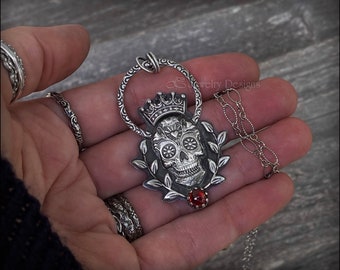 Sterling King Sugar Skull Necklace - Silver Skull Pendant, Gothic Calavera, OOAK, Dia de Los Muertos, Skull Crown, Artisan Jewelry
