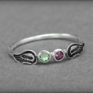 Angel Wings Ring Twin Angel Babies, Angel Baby Ring, In Memoriam, Loss of a Loved One, Double Birthstone Angel Ring, Opal Angel Wings Ring image 6