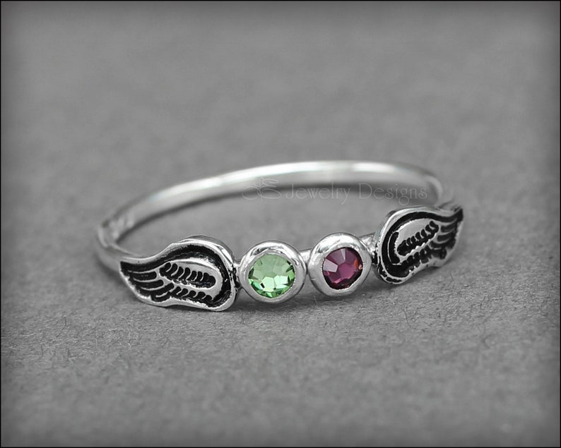 Angel Wings Ring Twin Angel Babies, Angel Baby Ring, In Memoriam, Loss of a Loved One, Double Birthstone Angel Ring, Opal Angel Wings Ring image 6