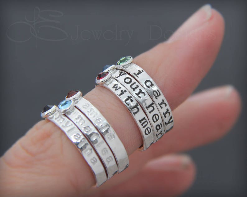 Hand Stamped Opal Ring Stacking Name Rings, Birthstone Name Rings, Personalized Opal Rings, Mothers Opal Rings, Stackable Name Rings, Opal image 6