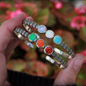 3-Stone Opal Bracelet - Sterling Silver Opal Cuff, Flower Pattern Opal, Multi Opal Bracelet, October Birthday, Opal Jewelry, Floral Opal