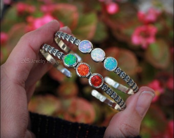 3-Stone Opal Bracelet - Sterling Silver Opal Cuff, Flower Pattern Opal, Multi Opal Bracelet, October Birthday, Opal Jewelry, Floral Opal