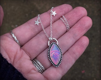 Aurora Opal Evil Eye Celestial Necklace - Sterling Silver, Artisan Mystic Jewelry, Amulet, Starry Evil Eye Pendant, Unique Handcrafted