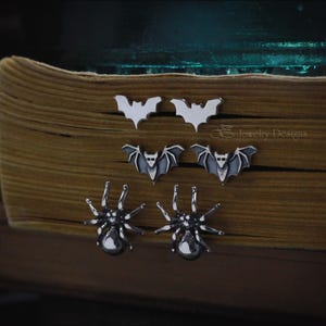 Set of 3 Halloween Stud Earrings - Silver Bat, Sterling Spider, Small Stud Earrings, Spooky Jewelry, Sterling Silver Studs, Witchy, Gotchic
