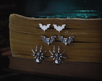 Sterling Silver Halloween Stud Earrings Set – Bat & Spider