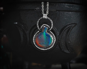 Aurora Opal Dead Pumpkin Pendant - Sterling Halloween Necklace, Unique Spooky Jewelry, Artisan Witchy, Colorful Opal, RTS, Carved Opal