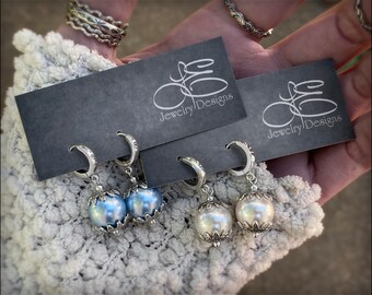 Sterling Snowdrop Pearl Earrings - Winter Jewelry, Huggie Hoops, Huggable Earrings, Silver Pearl Drops, Wintery Blue, Holiday Pearl Jewelry