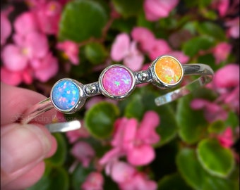 Skinny 3-Stone Opal Cuff Bracelet - Multi Stone Opal Bracelet, Sterling Silver Opal Cuff Bracelet, October Birthstone Jewelry, 8mm Opal