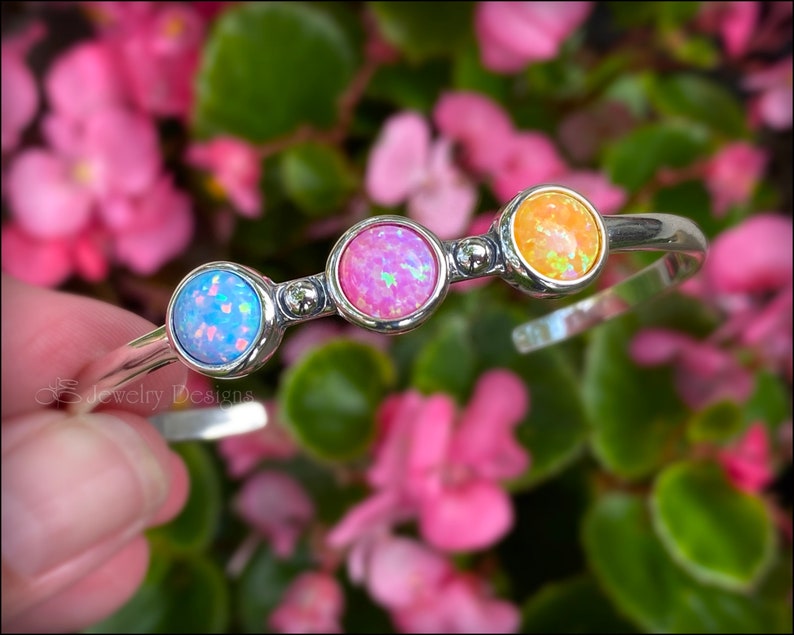 Skinny 3-Stone Opal Cuff Bracelet Multi Stone Opal Bracelet, Sterling Silver Opal Cuff Bracelet, October Birthstone Jewelry, 8mm Opal image 1