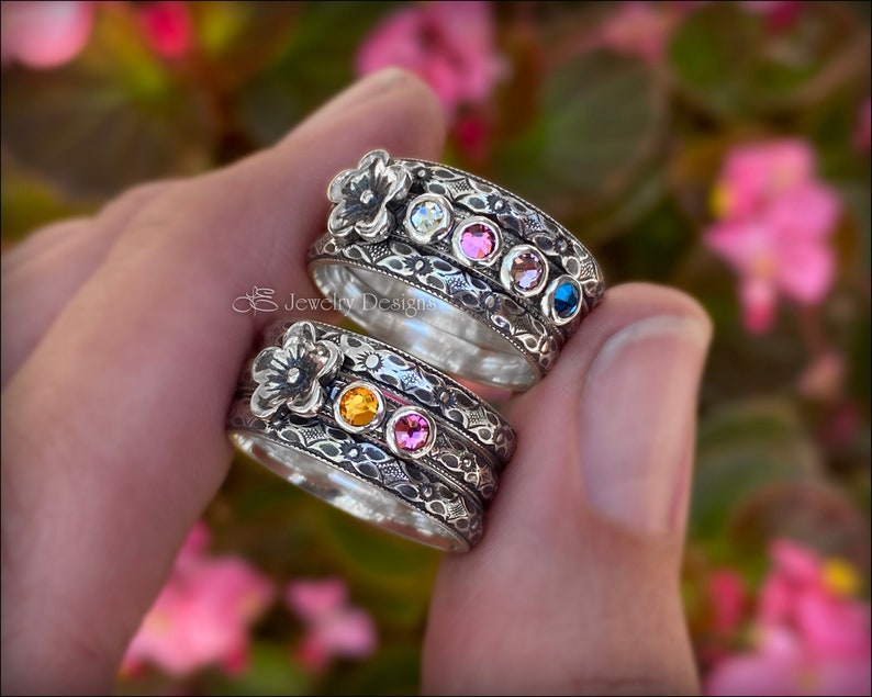 Set med flera födelsestenar - Ring med blommande födelsesten, flerstenar, unik ring för mor, ringar med flera opaler, presenter till mamma, blommig sterling silverring bild 1