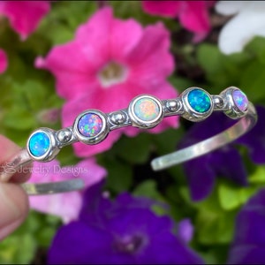 Skinny 5-Stone Opal Cuff Bracelet - Multi Stone Opal Bracelet, Sterling Silver Opal Cuff Bracelet, October Birthstone Jewelry, Dainty Opal