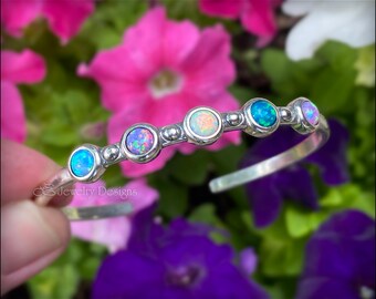 Skinny 5-Stone Opal Cuff Bracelet - Multi Stone Opal Bracelet, Sterling Silver Opal Cuff Bracelet, October Birthstone Jewelry, Dainty Opal