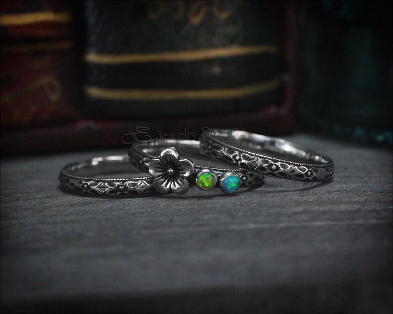 Set med flera födelsestenar - Ring med blommande födelsesten, flerstenar, unik ring för mor, ringar med flera opaler, presenter till mamma, blommig sterling silverring bild 5