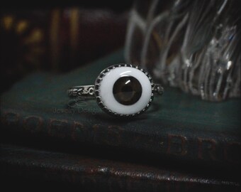 Size 8.5 - Sterling Silver Brown Glass Eye Ring - Novelty Doll Eye Jewelry