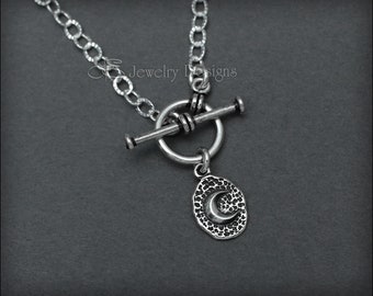 Sterling Coin Charm Toggle Necklace - Moon, Heart, Lotus, Sun, Cross, North Star, Silver Coin Toggle Clasp Necklace, Small Charm, Dainty