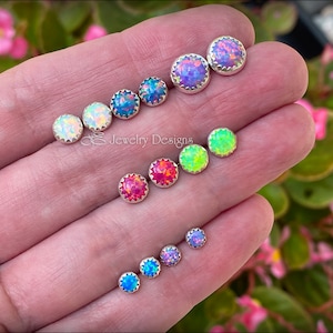 4mm, 6mm, 8mm Opal Earrings - Opal Stud Earrings, Silver Opal Studs, Serrated Opal Earrings, Opal Post Earrings, Opal Earrings, Opal Studs