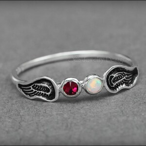 Angel Wings Ring Twin Angel Babies, Angel Baby Ring, In Memoriam, Loss of a Loved One, Double Birthstone Angel Ring, Opal Angel Wings Ring image 9