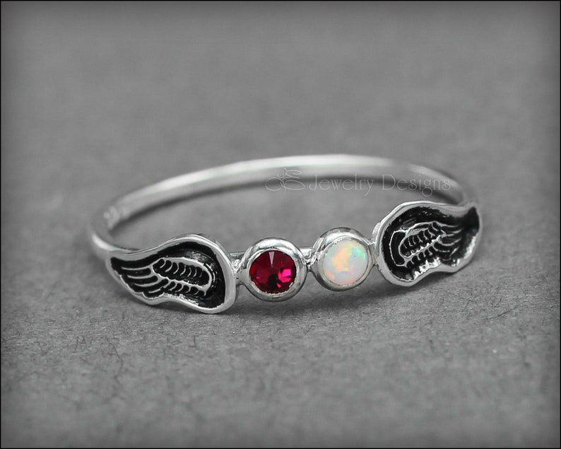 Angel Wings Ring Twin Angel Babies, Angel Baby Ring, In Memoriam, Loss of a Loved One, Double Birthstone Angel Ring, Opal Angel Wings Ring image 9