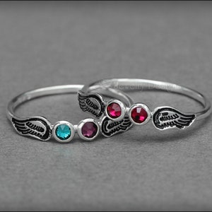 Angel Wings Ring Twin Angel Babies, Angel Baby Ring, In Memoriam, Loss of a Loved One, Double Birthstone Angel Ring, Opal Angel Wings Ring image 2