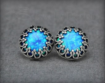 Sterling Opal Earrings - Opal Stud Earrings, Silver Opal Earrings, Gallery Bezel Opal Studs, Fancy Opal Earrings, 8mm Opal Studs, October