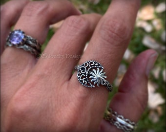 Sterling Filigree Moon & Sun Ring - Silver Moon, Wavy Pattern Ring, Celestial Jewelry, Balance, Harmony, Unique Artisan Jewelry, Handcrafted
