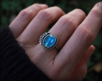 Sterling Neon Blue Apatite Floral Ring - Floral Gemstone Ring, Wintery Blues, Nature Inspired, Aqua Blue, Unique Artisan Handcrafted Jewelry