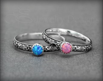 Opal or Birthstone Floral Ring - opal ring, opal stacking ring, floral birthstone ring, opal pattern band, floral opal ring, birthstones