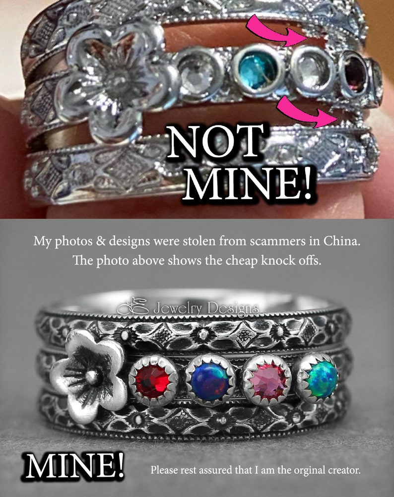 Set med flera födelsestenar - Ring med blommande födelsesten, flerstenar, unik ring för mor, ringar med flera opaler, presenter till mamma, blommig sterling silverring bild 6