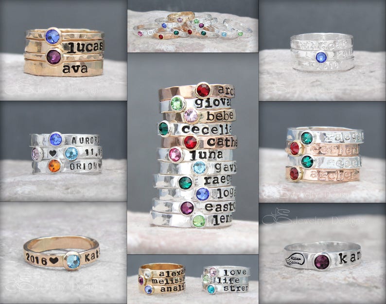 Hand Stamped Opal Ring Stacking Name Rings, Birthstone Name Rings, Personalized Opal Rings, Mothers Opal Rings, Stackable Name Rings, Opal image 8