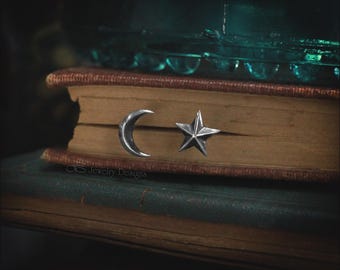 Sterling Silver Mismatched Moon and Star Stud Earrings