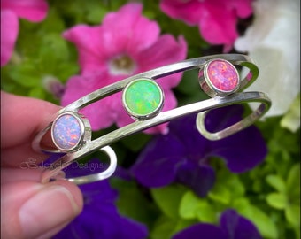 3-Stone Opal Cuff Bracelet - Multi Stone Opal Bracelet, Sterling Silver Opal Cuff Bracelet, October Birthstone Jewelry, 8mm Opal Bracelet