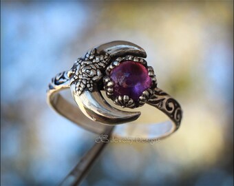 Sterling Rose Moon Gemstone Ring - Floral Wavy Pattern Band, Unique Gemstone Ring, Artisan Jewelry, Handcrafted, Garnet, Amethyst, Moonstone