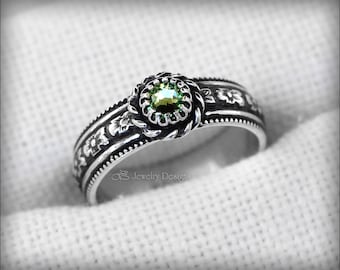 Sterling Birthstone Floral Ring - Opal Flower Ring, Mothers Ring, Floral Pattern Band, Silver Birthstone Ring, Flower Pattern Opal Ring