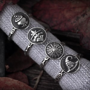 Sterling Witchy Ring - Unique Silver Witch Jewelry, Cauldron, Spider Web, Witch&#39;s Hat, Cat Witch, Handcrafted Artisan Jewelry, Witchy Vibes