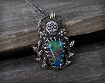 Aurora Opal Coffin & Skull Gravesite Necklace - Sterling Silver, Gothic, Halloween, OOAK Sugar Skull, Flower Unique Artisan Jewelry, Pendant